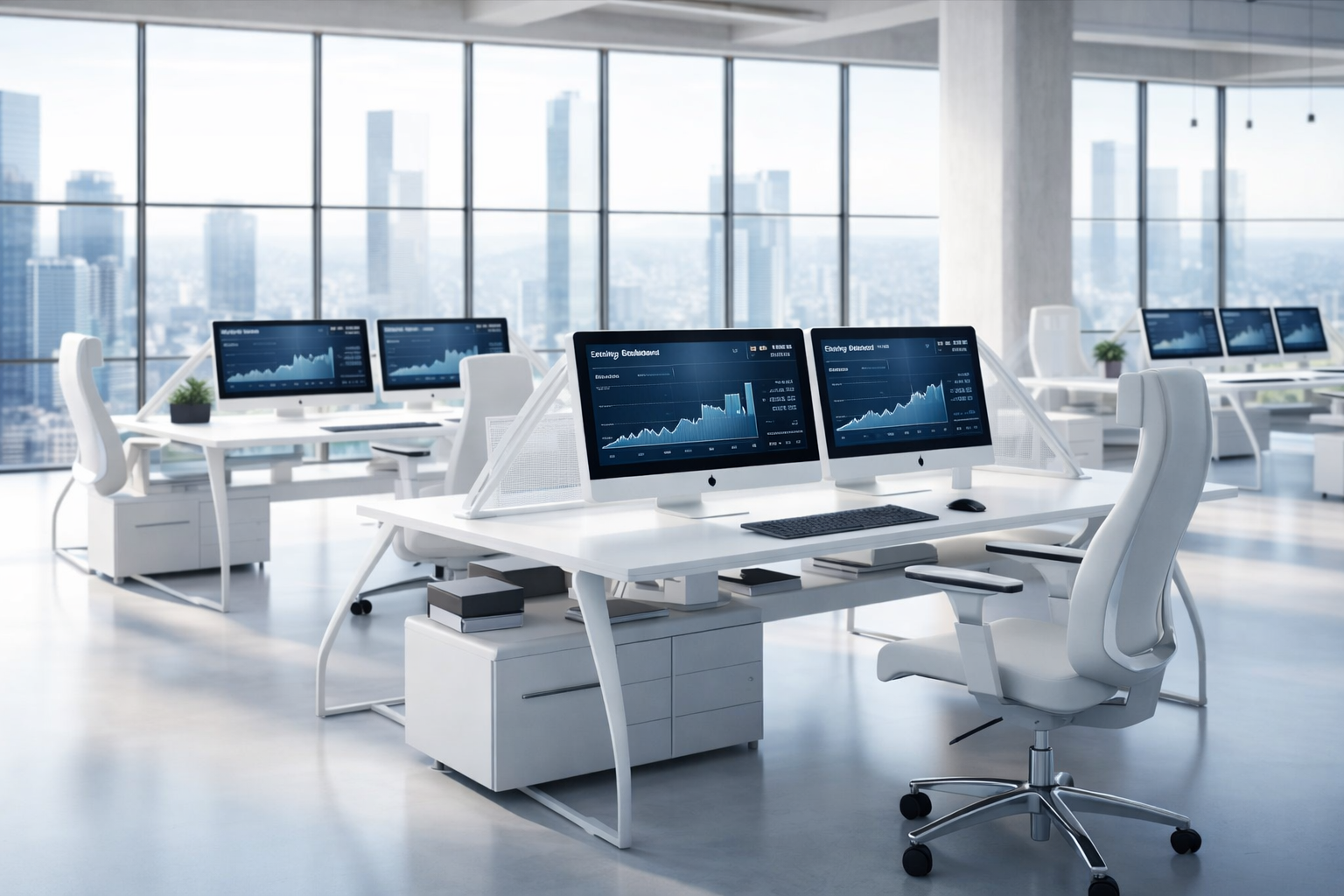 Modern office workspace with computers displaying earnings dashboards